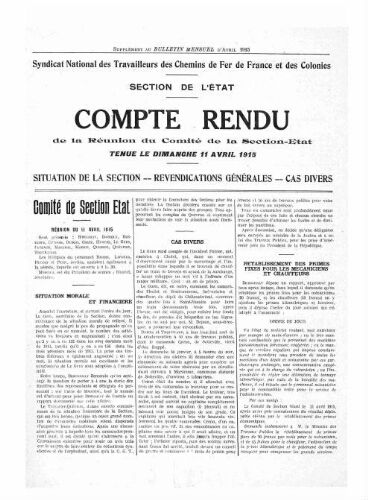 Bulletin mensuel du syndicat national des travailleurs des chemins de fer de France et des colonies, supplément au n° 9, Avril 1915