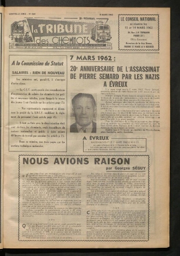 La Tribune des cheminots, n° 264, 2 mars 1962