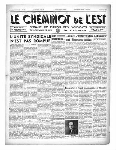 Le Cheminot de l'Est, n° 156, Novembre 1939