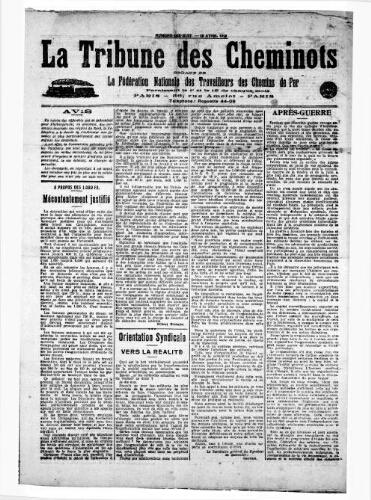 La Tribune des cheminots, n° 18, 15 avril 1918