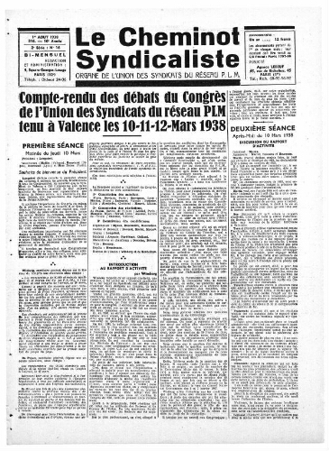 Le Cheminot syndicaliste, n° 316 (n° 15 de l'année 1938), 1er août 1938