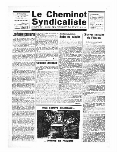Le Cheminot syndicaliste, n° 235 ( n° 8 de l'année 1935), 25 avril 1935