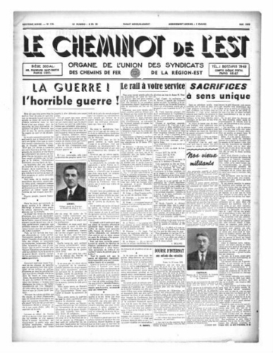 Le Cheminot de l'Est, n° 150, Mai 1939