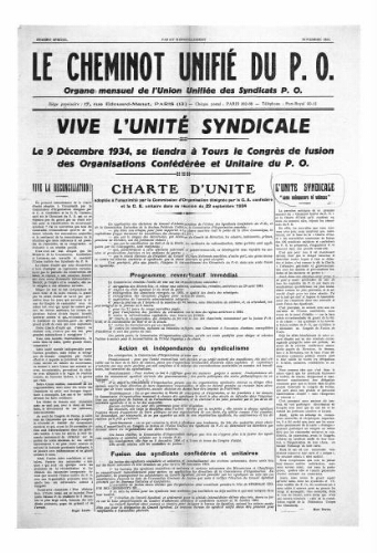 Le Cheminot unifié du PO, numéro spécial, Novembre 1934