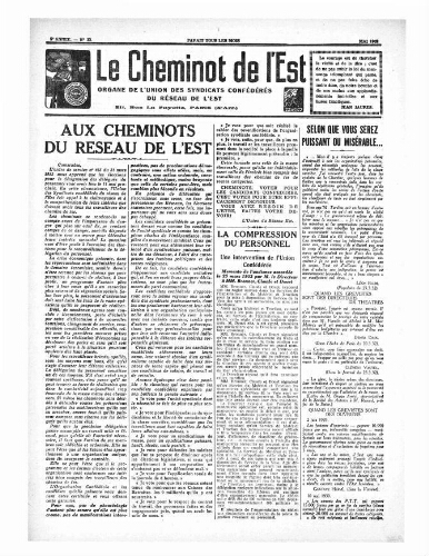 Le Cheminot de l'Est, n° 22, Mai 1932