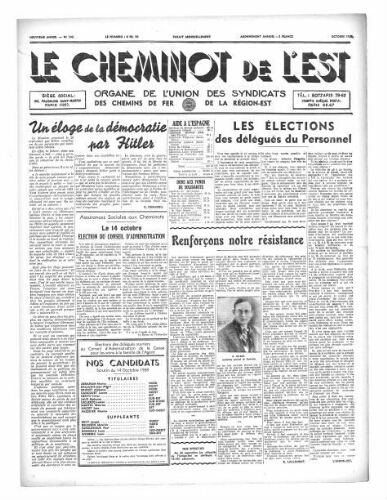 Le Cheminot de l'Est, n° 143, Octobre 1938