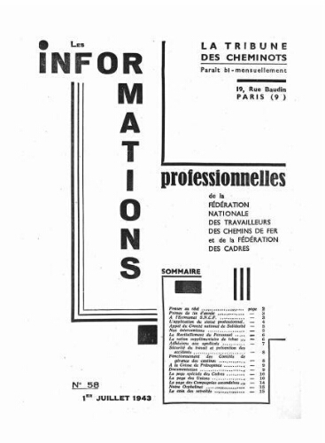 La Tribune des cheminots : les informations professionnelles de la Fédération nationale des travailleurs des chemins de fer, n° 58, 1er juillet 1943