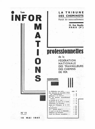 La Tribune des cheminots : les informations professionnelles de la Fédération nationale des travailleurs des chemins de fer, n° 11, 15 mai 1941