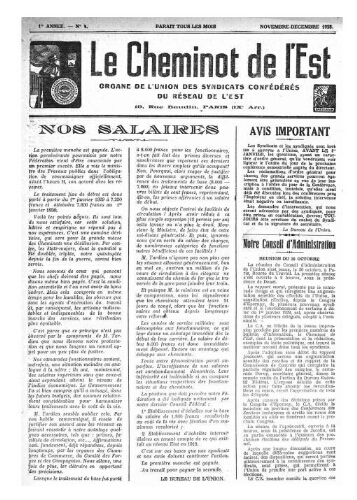 Le Cheminot de l'Est, n° 4, Novembre 1928 - Décembre 1928