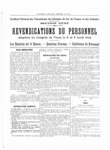 Bulletin mensuel du syndicat national des travailleurs des chemins de fer de France et des colonies, supplément au n° 21, Avril 1916