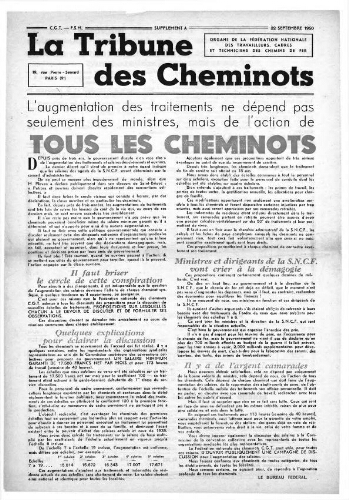 La Tribune des cheminots, supplément au n° 10, 22 septembre 1950