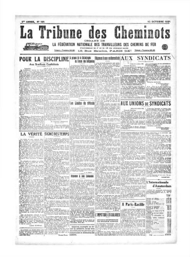 La Tribune des cheminots [confédérés], n° 101, 15 octobre 1921