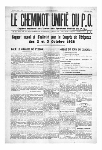 Le Cheminot unifié du PO, n° 22, Septembre 1936