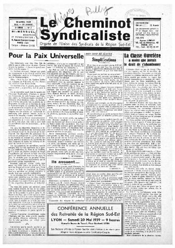 Le Cheminot syndicaliste, n° 333 (n° 7 de l'année 1939), 10 avril 1939