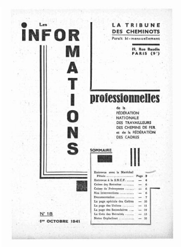 La Tribune des cheminots : les informations professionnelles de la Fédération nationale des travailleurs des chemins de fer, n° 18, 1er octobre 1941