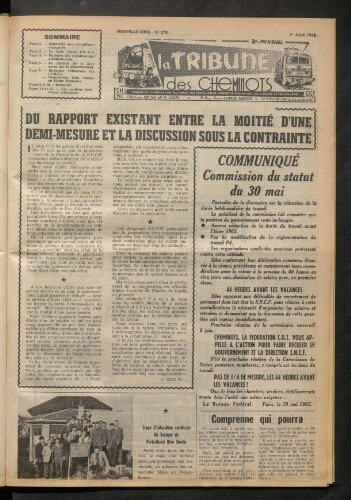 La Tribune des cheminots, n° 270, 1er juin 1962