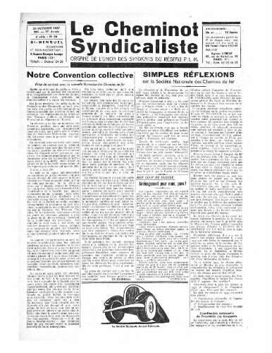 Le Cheminot syndicaliste, n° 296 ( n° 20 de l'année 1937), 25 octobre 1937