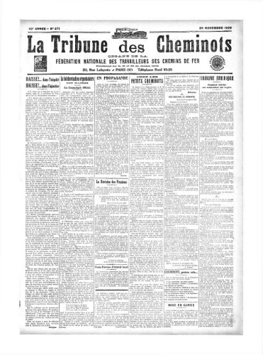 La Tribune des cheminots [confédérés], n° 271, 20 novembre 1926