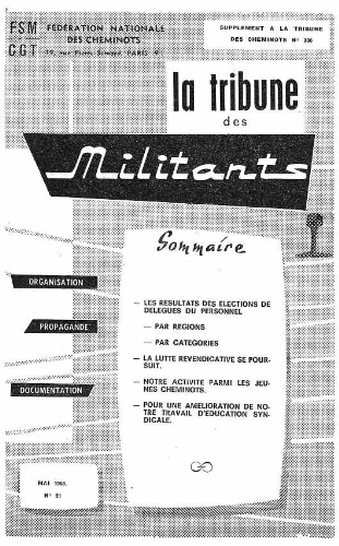 La Tribune des militants, n° 21, supplément au n° 336 de La Tribune des cheminots, Mai 1965