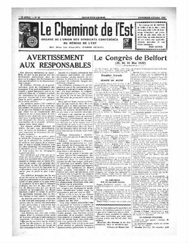 Le Cheminot de l'Est, n° 23, Septembre 1932 - Octobre 1932