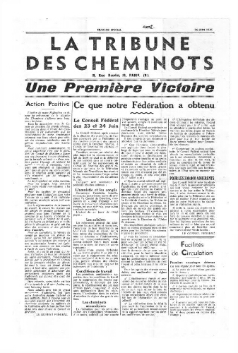 La Tribune des cheminots, numéro spécial, 26 juin 1936