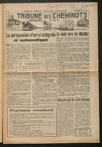 La Tribune des cheminots retraités CGT, supplément n° 2, Février-Mars 1951