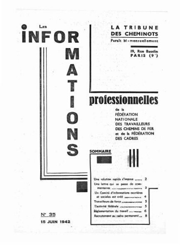 La Tribune des cheminots : les informations professionnelles de la Fédération nationale des travailleurs des chemins de fer, n° 35, 15 juin 1942