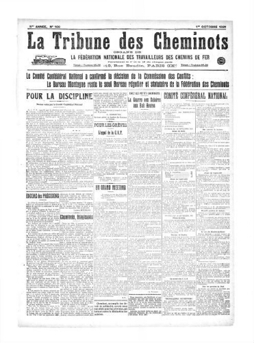 La Tribune des cheminots [confédérés], n° 100, 1er octobre 1921