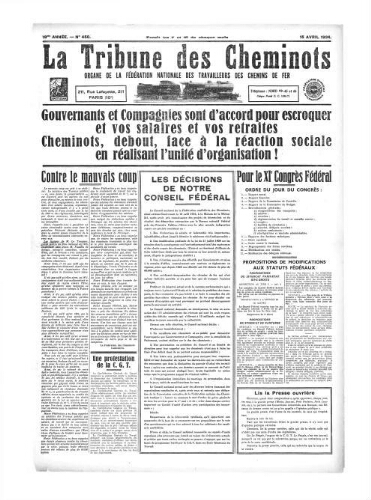 La Tribune des cheminots [confédérés], n° 450, 15 avril 1934