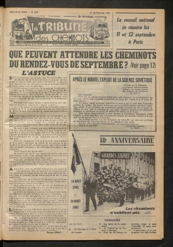 La Tribune des cheminots, n° 274, 1er septembre 1962