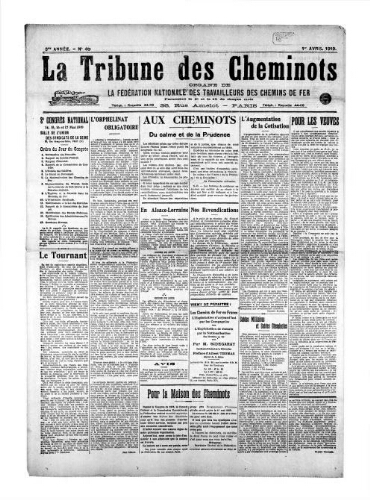 La Tribune des cheminots, n° 40, 1er avril 1919