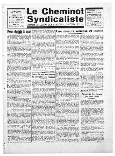 Le Cheminot syndicaliste, n° 317 (n° 16 de l'année 1938), 10 août 1938