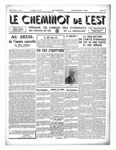 Le Cheminot de l'Est, n° 158, Janvier 1940