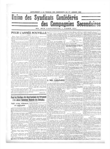 La Tribune des cheminots [confédérés], supplément au n° 323, 1er janvier 1929