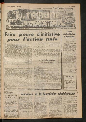 La Tribune des cheminots, n° 249, 16 juin 1961