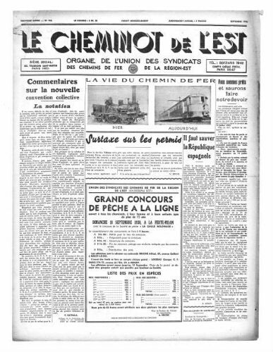 Le Cheminot de l'Est, n° 142, Septembre 1938