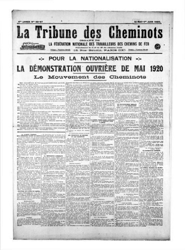 La Tribune des cheminots, n° 66-67, 15 mai 1920 - 1er juin 1920