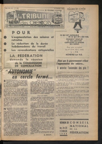 La Tribune des cheminots, n° 308, 14 février 1964