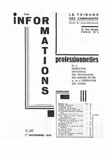 La Tribune des cheminots : les informations professionnelles de la Fédération nationale des travailleurs des chemins de fer, n° 20, 1er novembre 1941