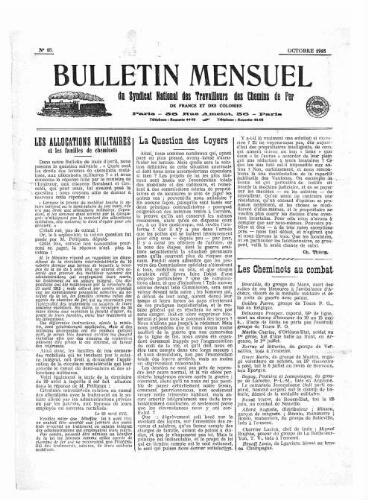 Bulletin mensuel du syndicat national des travailleurs des chemins de fer de France et des colonies, n° 15, Octobre 1915