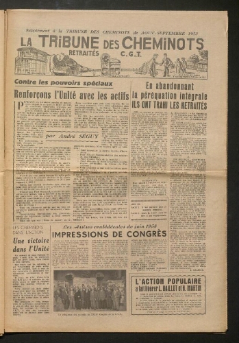 La Tribune des cheminots retraités CGT, supplément, Août 1953 - Septembre 1953