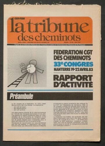33ème congrès fédéral, 19-22 avril 1983, Nanterre : rapport d'activité. La Tribune des cheminots, supplément 1 au n° 596, 22 décembre 1982