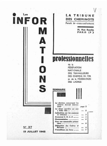 La Tribune des cheminots : les informations professionnelles de la Fédération nationale des travailleurs des chemins de fer, n° 37, 15 juillet 1942