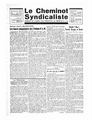 Le Cheminot syndicaliste, n° 229 ( n° 2 de l'année 1935), 25 janvier 1935