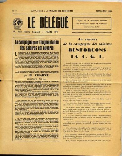 La Tribune des cheminots : Le Délégué, n° 9, Septembre 1952
