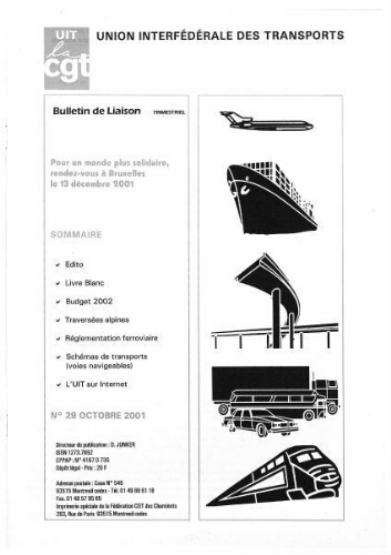 Bulletin de liaison de l'Union Interfédérale des Transports, n° 29, Octobre 2001