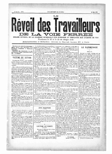 Le Réveil des travailleurs de la voie ferrée, n° 5, 25 mai 1892