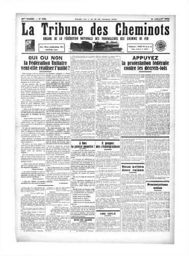 La Tribune des cheminots [confédérés], n° 456, 15 juillet 1934