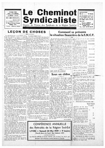 Le Cheminot syndicaliste, n° 335 (n° 9 de l'année 1939), 10 mai 1939