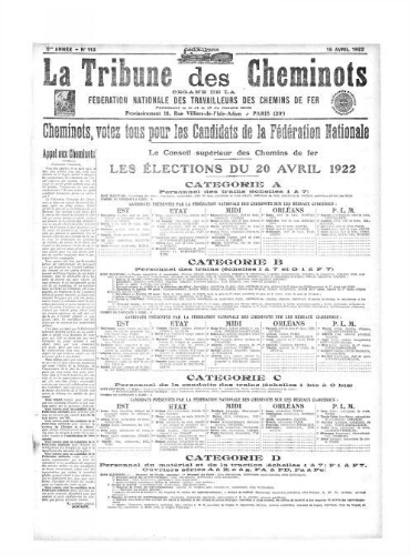 La Tribune des cheminots [confédérés], n° 113, 15 avril 1922